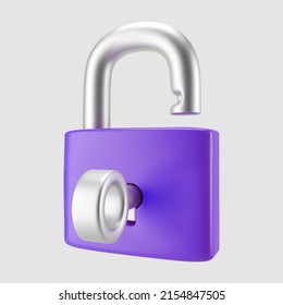 3d purple unlocked padlock icon with key isolated on gray background. Render minimal open padlock with a keyhole. Confidentiality and security concept. 3d cartoon simple vector illustration