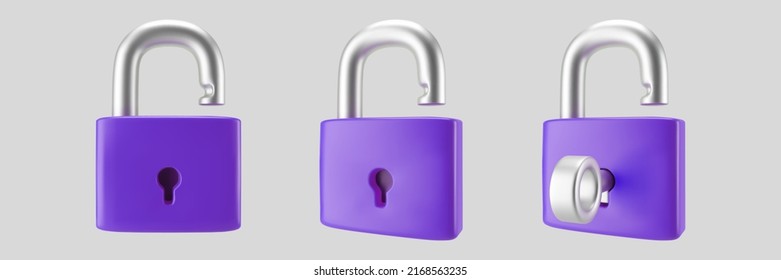 3d purple unlocked padlock icon set with key isolated on gray background. Render minimal open padlock with a keyhole. Confidentiality and security concept. 3d cartoon simple vector illustration