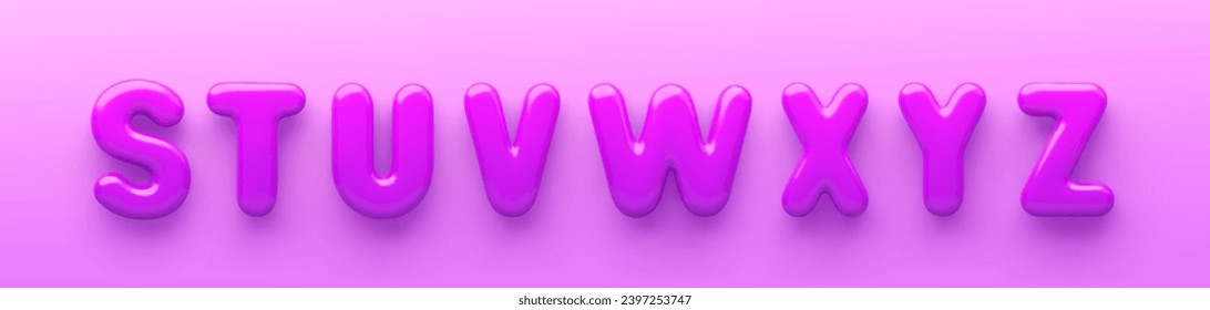 3D-violette Großbuchstaben S, T, U, V, W, X, Y und Z mit glänzender Oberfläche auf violettem Hintergrund.