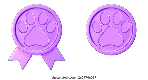 3d purple winner medal with sign paw and ribbon. Coin with paw. Stock vector illustration on isolated background.