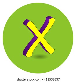 3D purple and yellow lowercase  letter x on green circle background.  Vector illustration.