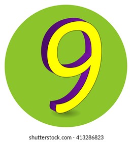 3D purple and yellow vector illustration of number 9 on green circle background.