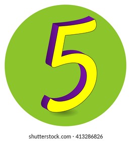 3D purple and yellow vector illustration of number 5 on green circle background.