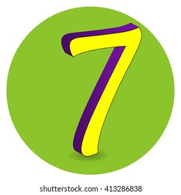 3D purple and yellow vector illustration of number 7 on green circle background.