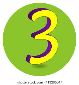 3D purple and yellow vector illustration of number 3 on green circle background.