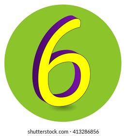 3D purple and yellow vector illustration of number 6 on green circle background.