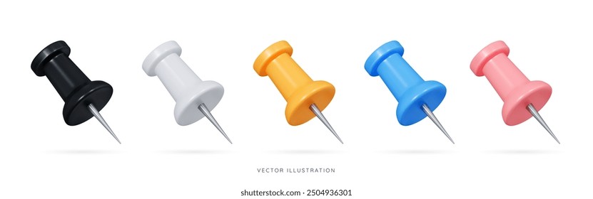 3D Push pin emoji icon set. Different colors thumbtack with metal needle. Office and school supplies. Stationery elements. Cartoon design objects isolated on white background. 3D Vector Illustration