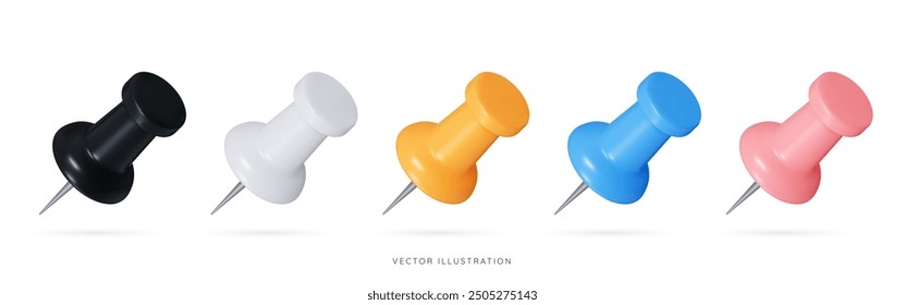 3D Push pin emoji icon set. Different colors thumbtack with metal needle. Office and school supplies. Stationery elements. Cartoon design objects isolated on white background. 3D Vector Illustration