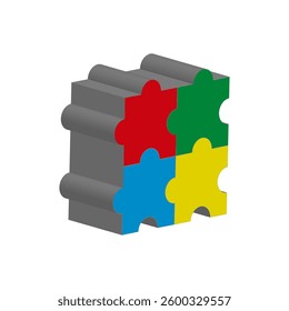 3D puzzle block. Colorful interlocking pieces. Abstract geometric shape. Isometric vector design.