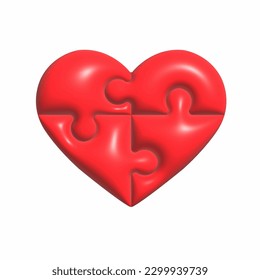 3d puzzle of the heart. The heart consists of four red puzzle elements. Volumetric design for websites, applications and creative design