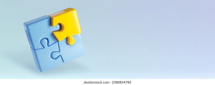 3D puzzle pieces - blue square with yellow connected element on light gradient background. Minimalist pastel jigsaw composition showing connection. Glossy plastic blocks for business solution concept.