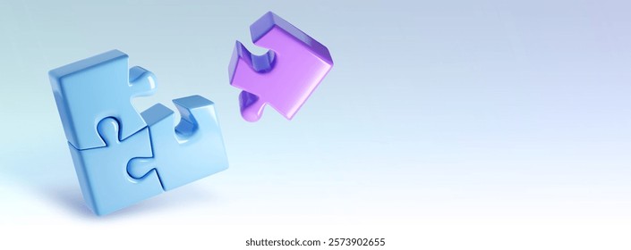 3D puzzle pieces - connected blue elements with floating purple component on light background. Minimalist jigsaw composition showing assembly process. Glossy plastic blocks during connection.