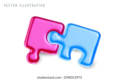 3D puzzle pieces in pink and blue colors. 3d vector illustration