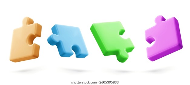 3D puzzle pieces set isolated on white background. Vector realistic illustration of color jigsaw game parts, kids early education toy, business teamwork or problem solution concept, match challenge