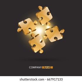 3d puzzle vector illustration. Gold piece on black background. Back golden shiny glow. Design element for flyer, brochure, banner. 