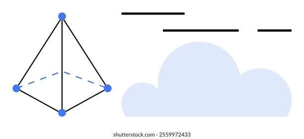 3D pyramid with blue nodes next to a light blue cloud and black lines. Ideal for educational, technology, weather, design, minimalist art, and abstract themes. Simplistic clean style