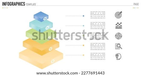 3D pyramid, funnel, infographic template or element with 5 step, process, option, colorful rectangle layer and icons on white background for sale slide, minimal, simple, modern style isometric, target Foto stock © 