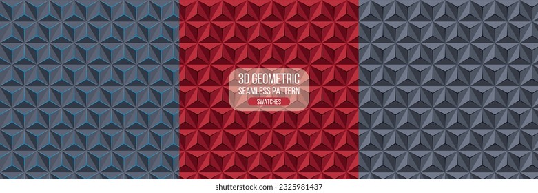 3D Pyramid Seamless Pattern, Set of Blue, Red and Gray, Abstract Seamless Repeat Pattern, Printable Digital Paper