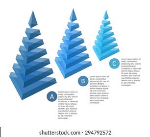 3D pyramid shape isometric graph in blue colors to illustrate business data. Isolated vector illustration.