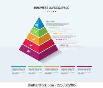 3D Pyramidal Infographic Design Template and Business Icon with Five Steps. Pyramidal Isometric Infographic with 5 Options for Presentations, Finance Reports, Web Design, and Yearly Reports