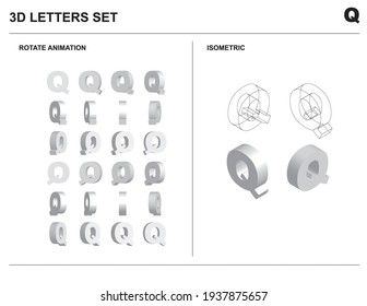 3d Q Alphabet Letters Set Animate Isometric Wireframe Vector