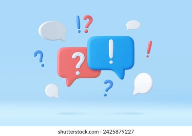 3d QA Speech bubble with question and exclamation mark icon. Talk message box with question sign. FAQ symbol concept. 3d rendering. Vector illustration