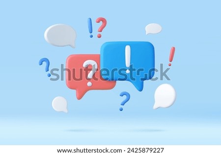 3d QA Speech bubble with question and exclamation mark icon. Talk message box with question sign. FAQ symbol concept. 3d rendering. Vector illustration