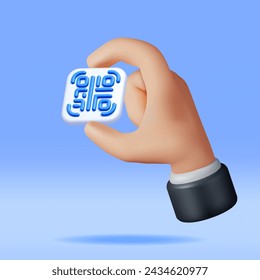 3d QR Code Icon in Hand. Render Modern QR Code Symbol. Concept of Online Shopping. Advertisement, Marketing and Promotion. Scan Code for Verification, Payment or identification. Vector Illustration