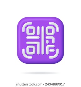 Icono de código QR 3d aislado. Representar símbolo de código QR moderno. Concepto de compras en línea. Publicidad, Marketing y Promoción. Código de escaneo para verificación, pago o identificación. Ilustración vectorial