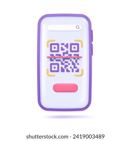 3D QR code on smart phone screen. Scan to pay concept. 3D vector Illustration.