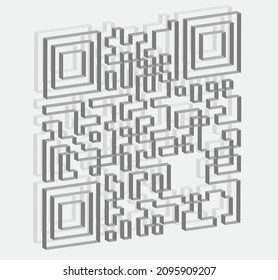 3D QR code, three-dimensional filament, metallic effect, on grey background with shadow.
