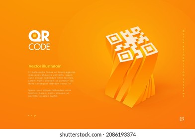 3d qr code vector illustration. Three dimensional barcode on the orange background with abstract typography