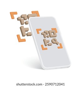 3D QR Code Verification and Authentication on Smartphone. Mobile Phone Scanner Reading QR Code with Floating Plastic Elements. Payment Vector Illustration. 