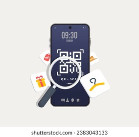 3D QR scan for product placement on phone online shopping application. 3D web banner of online shopping