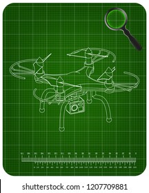 3d quadcopter model on a green background. Drawing