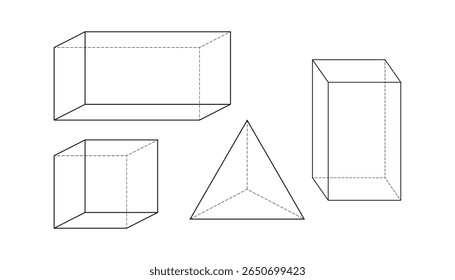 3D vierhoekige objecten op een witte achtergrond. driehoekige basispiramide. geometrisch kubuspictogram. eenvoudige lijnen en stippen geometrische vorm