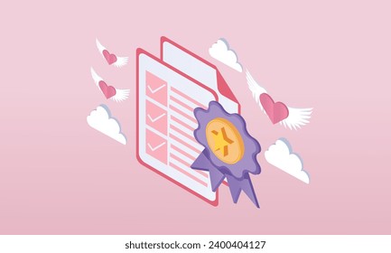 3d quality certificate or diploma stamped with medal Quality guarantee, quality mark certificate .on pastel background.3d handmade.3d vector icon for technology,business illustration.