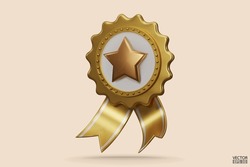 3D Quality Golden Guarantees A Medal With A Star And Ribbon. Gold Badge Warranty Icon Isolated On Beige Background. Realistic Graphics Certificate Badge Icon, Yellow Award Badge.3D Vector Illustration