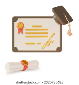 3d Quality Guarantee Concept Certificate or Diploma Stamped with Medal and Cap Cartoon Style. Vector illustration