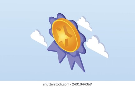 3D quality guarantee vector medal with star and ribbon. 3d graphics medal , high quality rating.3d handmade.3d goal for technology,online social media usage illustration.