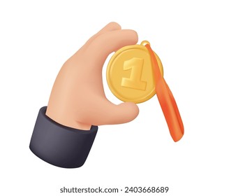 3D quality guarantee vector medal and ribbon in a hand. Vector illustration icon realistic 3d graphics medal , high quality rating. Champion and winner awards medal 3D icon