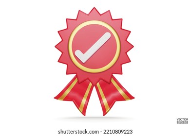 3D quality guarantees a medal with check mark and ribbon. Red and gold badge warranty icon  isolated on white background. Realistic graphics Certificate Badge icon, award badge. 3D vector illustration