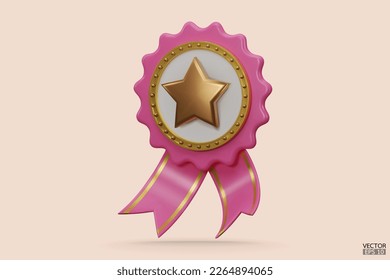 3D quality guarantees a medal with check mark and ribbon. Pink and gold badge warranty icon  isolated on beige background. Realistic graphics Certificate Badge icon, award badge.3D vector illustration