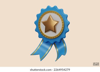 3D quality guarantees a medal with check mark and ribbon. Blue and gold badge warranty icon  isolated on white background. Realistic graphics Certificate Badge icon, award badge.3D vector illustration