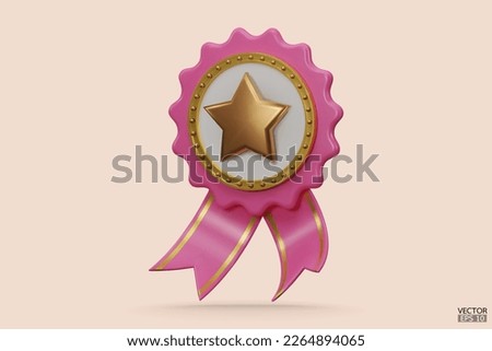 3D quality guarantees a medal with check mark and ribbon. Pink and gold badge warranty icon  isolated on beige background. Realistic graphics Certificate Badge icon, award badge.3D vector illustration