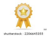 3D quality guarantees a medal with a star and ribbon. Yellow badge warranty icon isolated on white background. Realistic graphics Certificate Badge icon, award badge. 3D vector illustration.