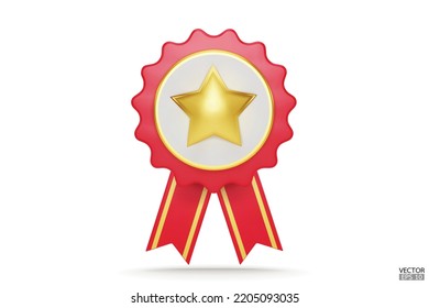 La calidad 3D garantiza una medalla con estrella y cinta. Icono de garantía de placa roja con cinta aislada en fondo blanco. Icono de tarjeta gráfica realista, insignia de premio. Ilustración vectorial 3D.