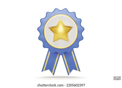 3D quality guarantees a medal with a star and ribbon. Blue badge warranty icon isolated on white background. Realistic graphics Certificate Badge icon, award badge. 3D vector illustration.