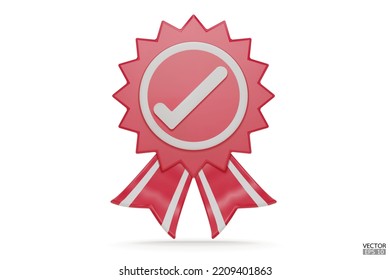 3D quality guarantees a medal with a star and ribbon. Red badge warranty icon with ribbon isolated on white background. Realistic graphics Certificate Badge icon, award badge. 3D vector illustration.