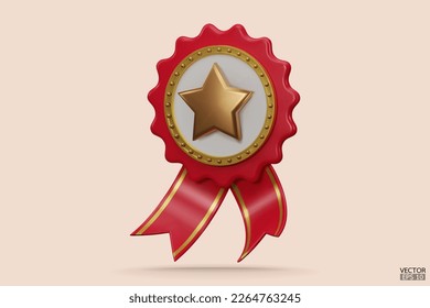 3D quality guarantees a medal with a star and ribbon. Red badge warranty icon with ribbon isolated on white background. Realistic graphics Certificate Badge icon, award badge. 3D vector illustration.